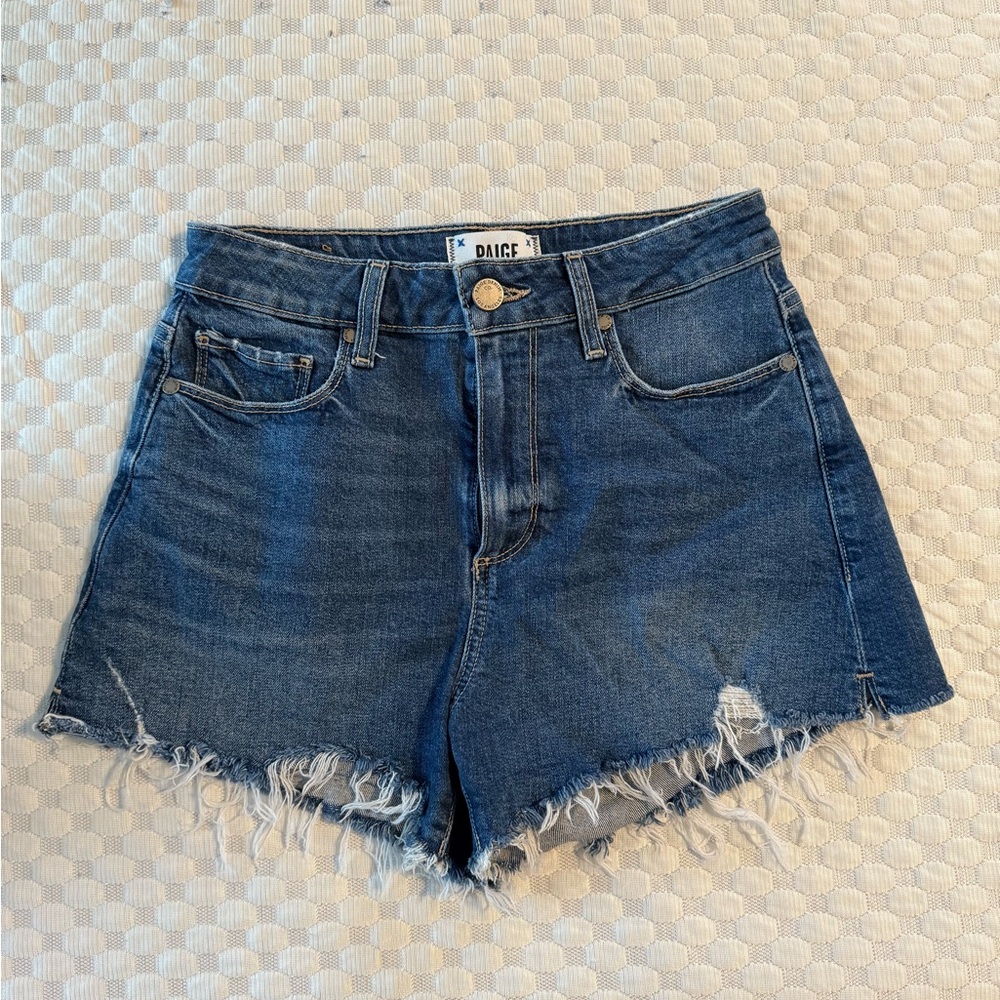 PAIGE Dark Blue Frayed Jean Shorts